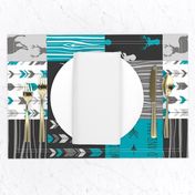 WholeCloth Quilt- Ironwood --teal, charcoal ,grey deer, antler, arrows, Woodgrain patchwork squares-ch-ch-ch