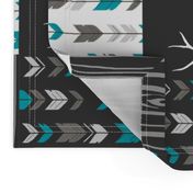 WholeCloth Quilt- Ironwood --teal, charcoal ,grey deer, antler, arrows, Woodgrain patchwork squares-ch-ch-ch