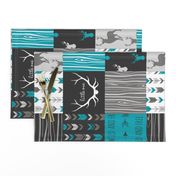 WholeCloth Quilt- Ironwood --teal, charcoal ,grey deer, antler, arrows, Woodgrain patchwork squares-ch-ch-ch