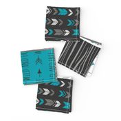 WholeCloth Quilt- Ironwood --teal, charcoal ,grey deer, antler, arrows, Woodgrain patchwork squares-ch-ch-ch