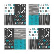 WholeCloth Quilt- Ironwood --teal, charcoal ,grey deer, antler, arrows, Woodgrain patchwork squares-ch-ch-ch