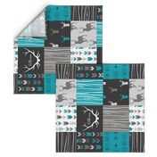 WholeCloth Quilt- Ironwood --teal, charcoal ,grey deer, antler, arrows, Woodgrain patchwork squares-ch-ch-ch