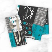 WholeCloth Quilt- Ironwood --teal, charcoal ,grey deer, antler, arrows, Woodgrain patchwork squares-ch-ch-ch