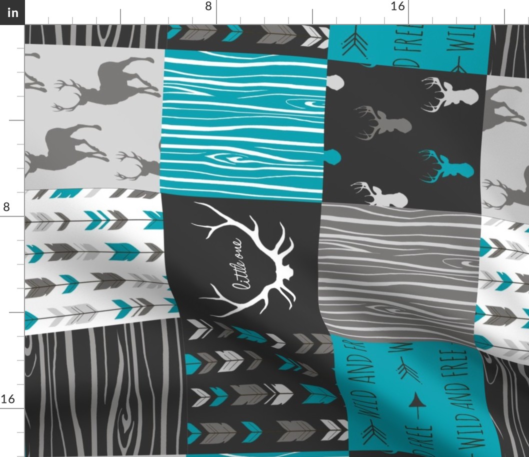 WholeCloth Quilt- Ironwood --teal, charcoal ,grey deer, antler, arrows, Woodgrain patchwork squares-ch-ch-ch