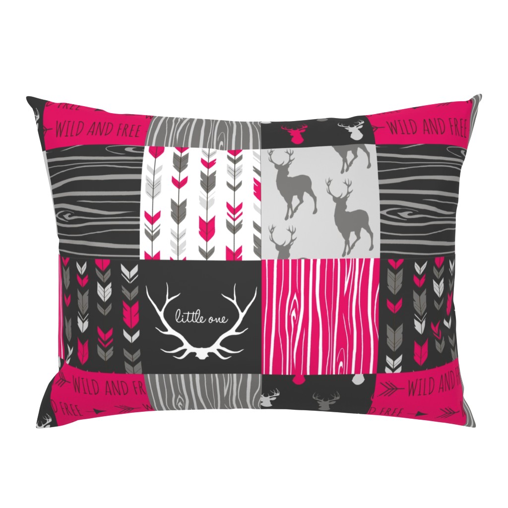 WholeCloth Quilt- Fuchsia, charcoal ,grey deer, antler, arrows, Woodgrain patchwork squares-ch-ch-ch-ch