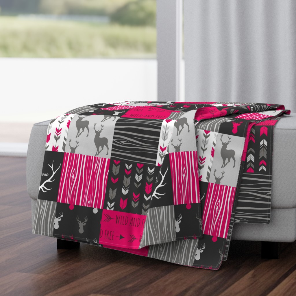 WholeCloth Quilt- Fuchsia, charcoal ,grey deer, antler, arrows, Woodgrain patchwork squares-ch-ch-ch-ch