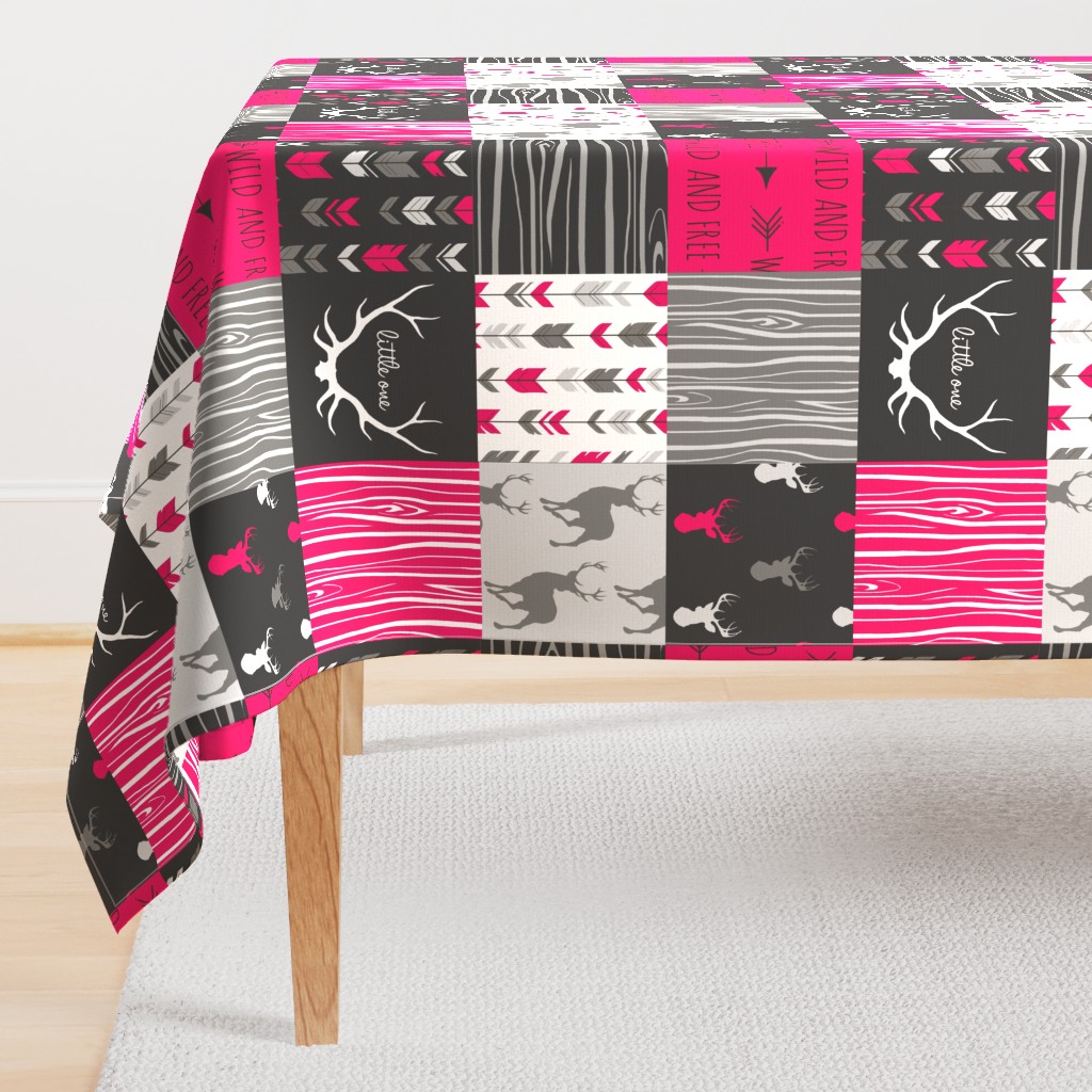 WholeCloth Quilt- Fuchsia, charcoal ,grey deer, antler, arrows, Woodgrain patchwork squares-ch-ch-ch-ch