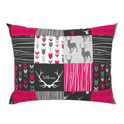 WholeCloth Quilt- Fuchsia, charcoal ,grey deer, antler, arrows, Woodgrain patchwork squares-ch-ch-ch-ch