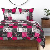 WholeCloth Quilt- Fuchsia, charcoal ,grey deer, antler, arrows, Woodgrain patchwork squares-ch-ch-ch-ch