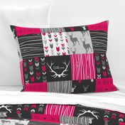 WholeCloth Quilt- Fuchsia, charcoal ,grey deer, antler, arrows, Woodgrain patchwork squares-ch-ch-ch-ch