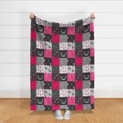 WholeCloth Quilt- Fuchsia, charcoal ,grey deer, antler, arrows, Woodgrain patchwork squares-ch-ch-ch-ch