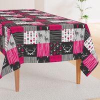 WholeCloth Quilt- Fuchsia, charcoal ,grey deer, antler, arrows, Woodgrain patchwork squares-ch-ch-ch-ch