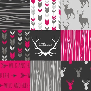 WholeCloth Quilt- Fuchsia, charcoal ,grey deer, antler, arrows, Woodgrain patchwork squares-ch-ch-ch-ch