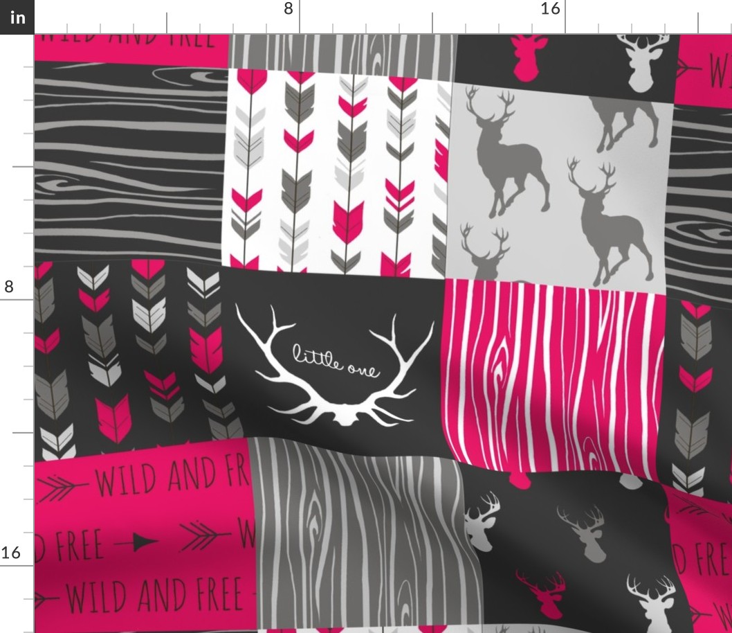 WholeCloth Quilt- Fuchsia, charcoal ,grey deer, antler, arrows, Woodgrain patchwork squares-ch-ch-ch-ch