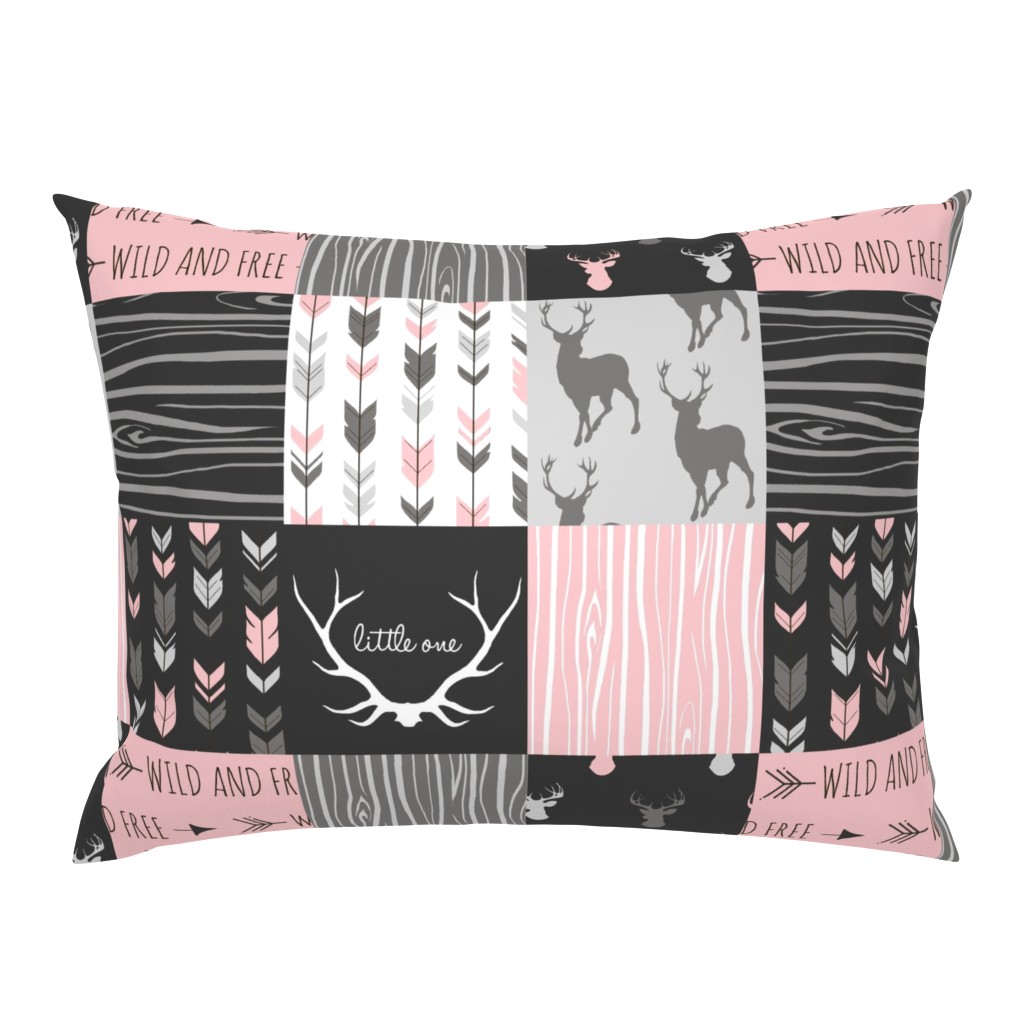 WholeCloth Quilt- pink, black ,grey antler, arrows Woodgrain patchwork .