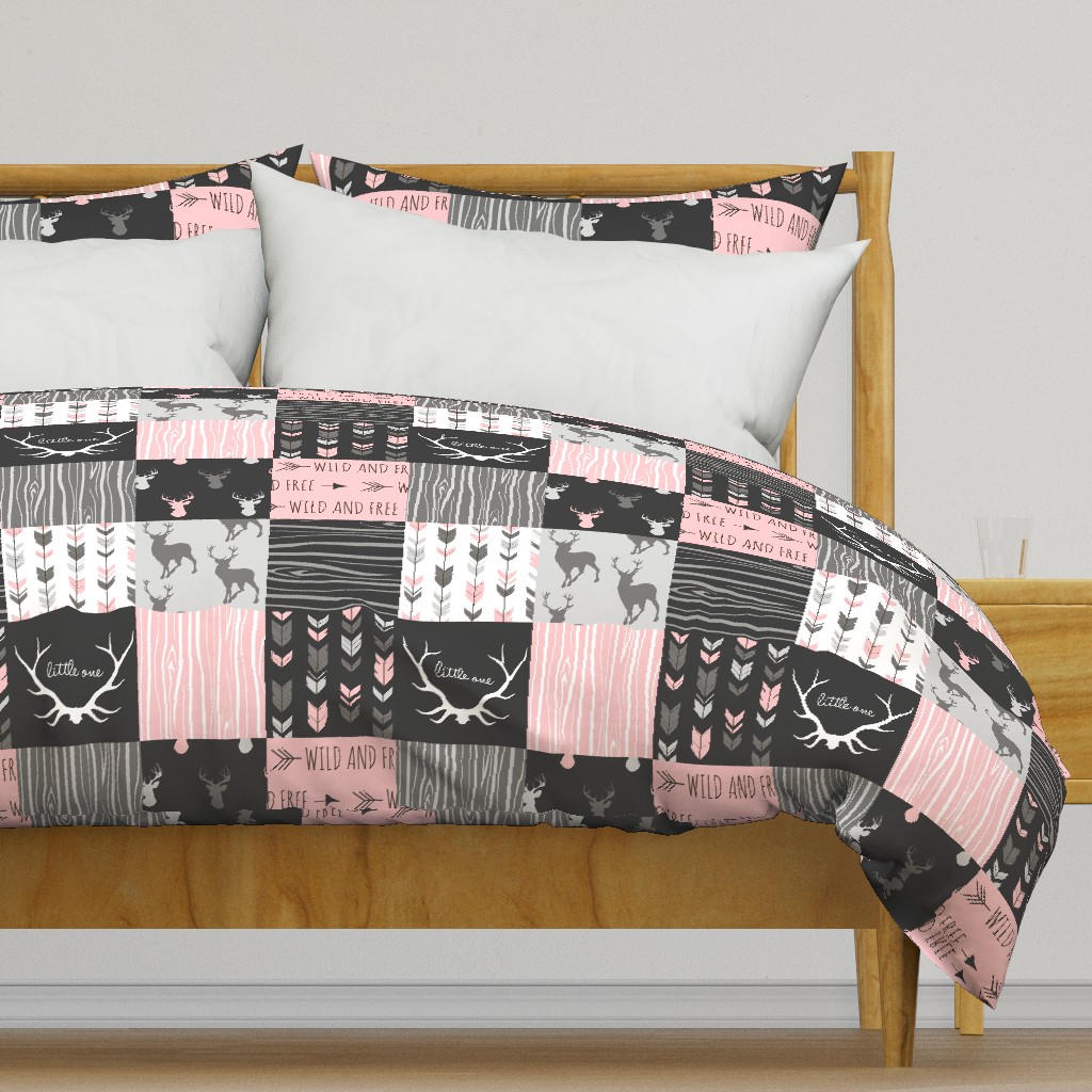 WholeCloth Quilt- pink, black ,grey antler, arrows Woodgrain patchwork .