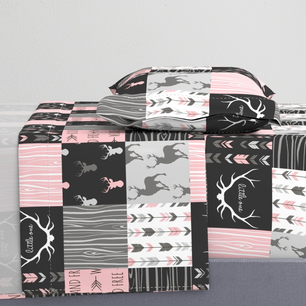 WholeCloth Quilt- pink, black ,grey antler, arrows Woodgrain patchwork .