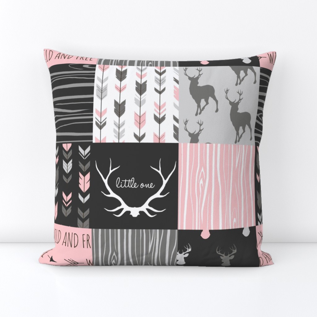 WholeCloth Quilt- pink, black ,grey antler, arrows Woodgrain patchwork .