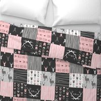 WholeCloth Quilt- pink, black ,grey antler, arrows Woodgrain patchwork .