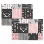 WholeCloth Quilt- pink, black ,grey antler, arrows Woodgrain patchwork .