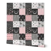 WholeCloth Quilt- pink, black ,grey antler, arrows Woodgrain patchwork .