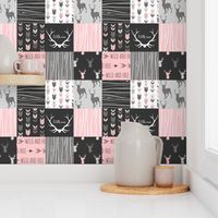 WholeCloth Quilt- pink, black ,grey antler, arrows Woodgrain patchwork .