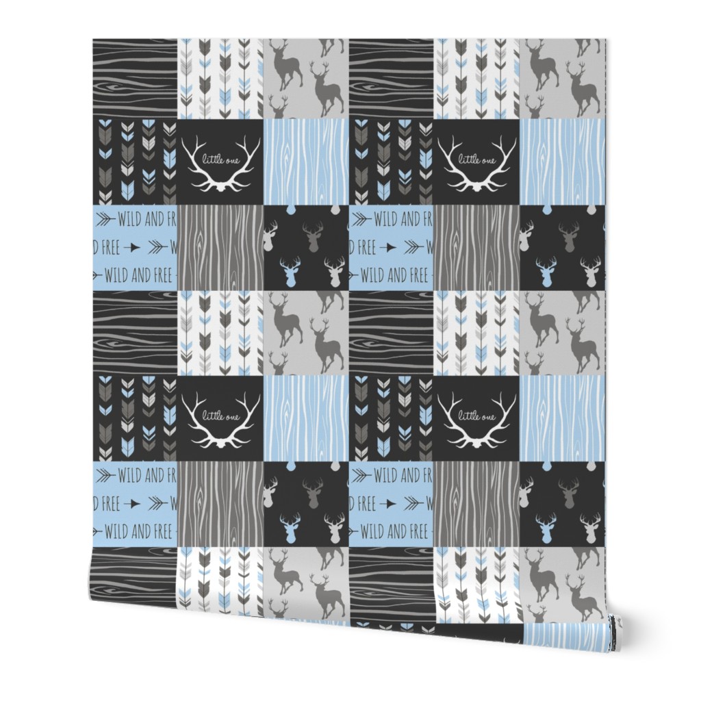 WholeCloth Quilt- Baby Blue, black and Grey deer, antler, Woodgrain patchwork squares