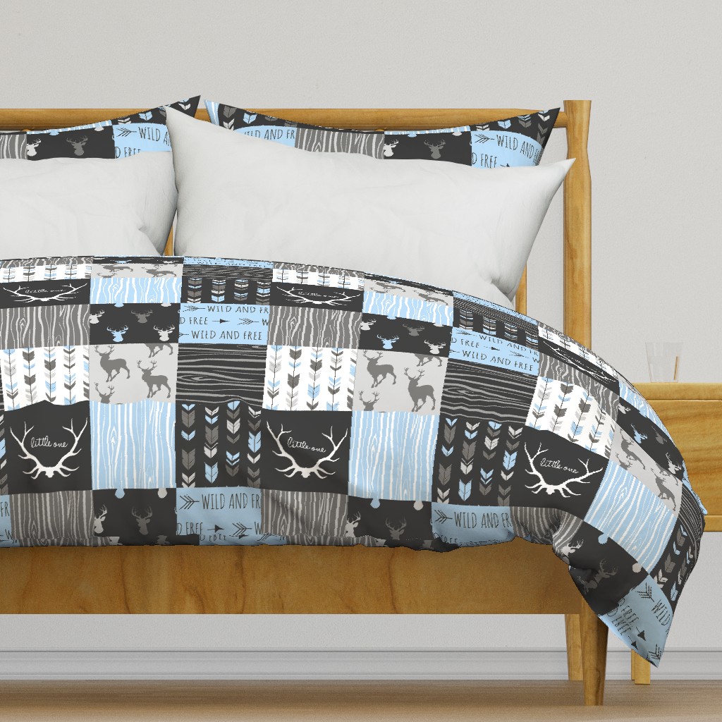 WholeCloth Quilt- Baby Blue, black and Grey deer, antler, Woodgrain patchwork squares