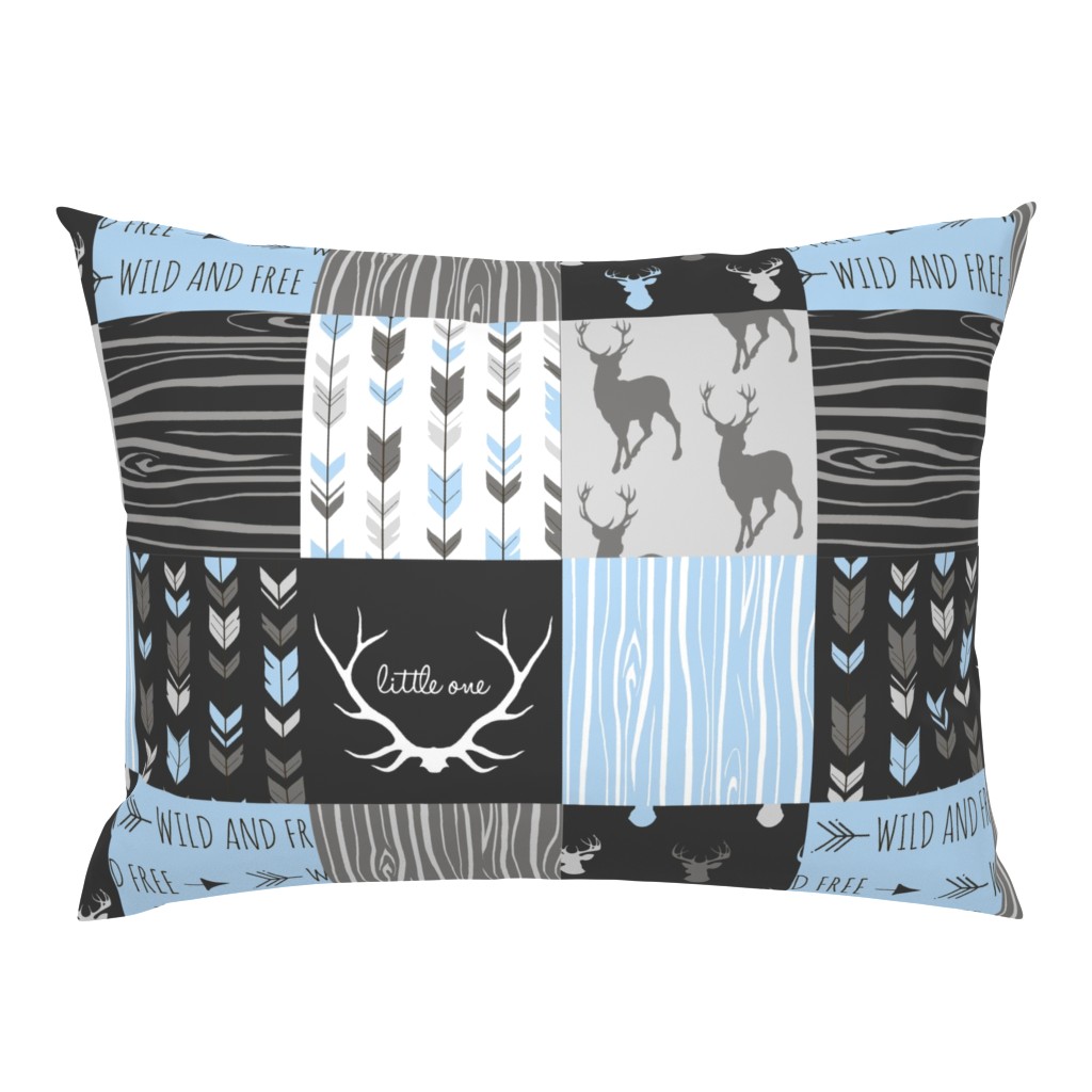 WholeCloth Quilt- Baby Blue, black and Grey deer, antler, Woodgrain patchwork squares