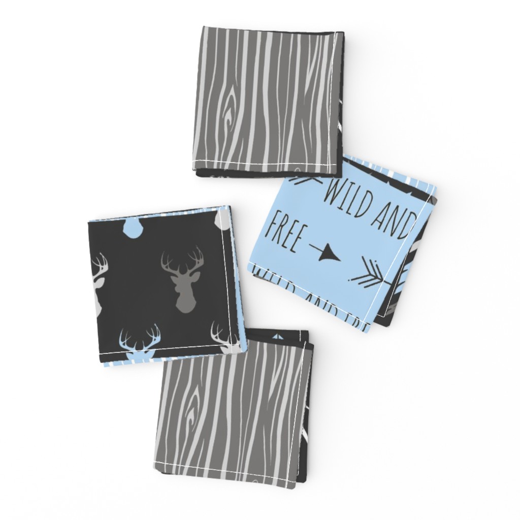 WholeCloth Quilt- Baby Blue, black and Grey deer, antler, Woodgrain patchwork squares