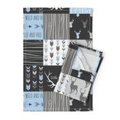 WholeCloth Quilt- Baby Blue, black and Grey deer, antler, Woodgrain patchwork squares