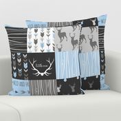 WholeCloth Quilt- Baby Blue, black and Grey deer, antler, Woodgrain patchwork squares