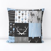 WholeCloth Quilt- Baby Blue, black and Grey deer, antler, Woodgrain patchwork squares