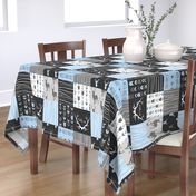 WholeCloth Quilt- Baby Blue, black and Grey deer, antler, Woodgrain patchwork squares