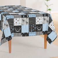 WholeCloth Quilt- Baby Blue, black and Grey deer, antler, Woodgrain patchwork squares