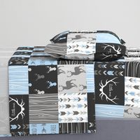 WholeCloth Quilt- Baby Blue, black and Grey deer, antler, Woodgrain patchwork squares