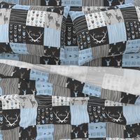 WholeCloth Quilt- Baby Blue, black and Grey deer, antler, Woodgrain patchwork squares