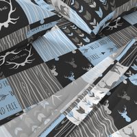 WholeCloth Quilt- Baby Blue, black and Grey deer, antler, Woodgrain patchwork squares