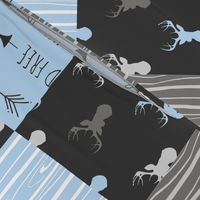 WholeCloth Quilt- Baby Blue, black and Grey deer, antler, Woodgrain patchwork squares