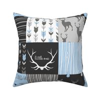 WholeCloth Quilt- Baby Blue, black and Grey deer, antler, Woodgrain patchwork squares