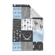 WholeCloth Quilt- Baby Blue, black and Grey deer, antler, Woodgrain patchwork squares