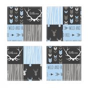 WholeCloth Quilt- Baby Blue, black and Grey deer, antler, Woodgrain patchwork squares