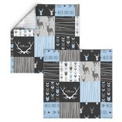 WholeCloth Quilt- Baby Blue, black and Grey deer, antler, Woodgrain patchwork squares