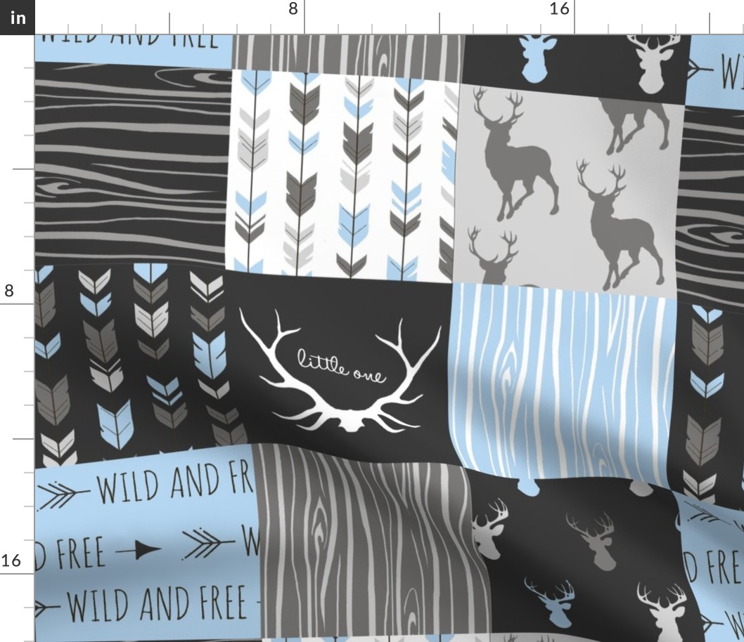 WholeCloth Quilt- Baby Blue, black and Grey deer, antler, Woodgrain patchwork squares
