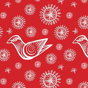 Holiday Bird with Snowflakes and Starbursts, Red and White