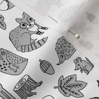 autumn critters // grey woodland creatures animals andrea lauren design andrea lauren fabric owl fox hedgie raccoons cute animals