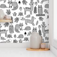 autumn critters // grey woodland creatures animals andrea lauren design andrea lauren fabric owl fox hedgie raccoons cute animals