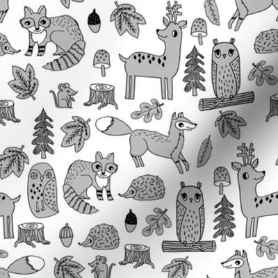 autumn critters // grey woodland creatures animals andrea lauren design andrea lauren fabric owl fox hedgie raccoons cute animals