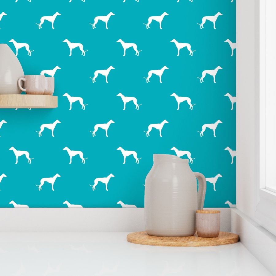 peacock blue greyhound dog silhouette fabric