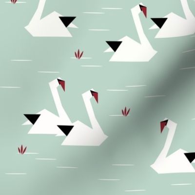 Swans - mint and ruby red geometric swans pond lake black and white || by sunny afternoon